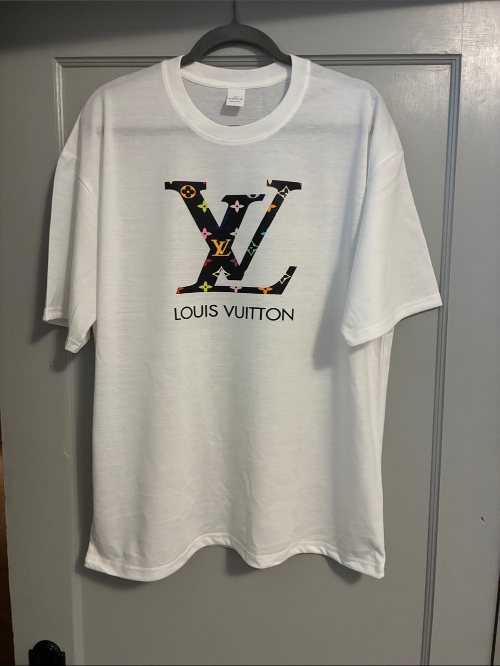 Louis Vuitton style White Tee with Multicolor LV Logo